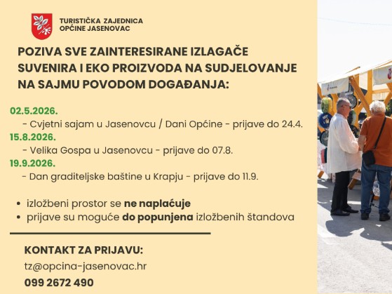 Poziv izlagačima za sajmove u Jasenovcu 2026.