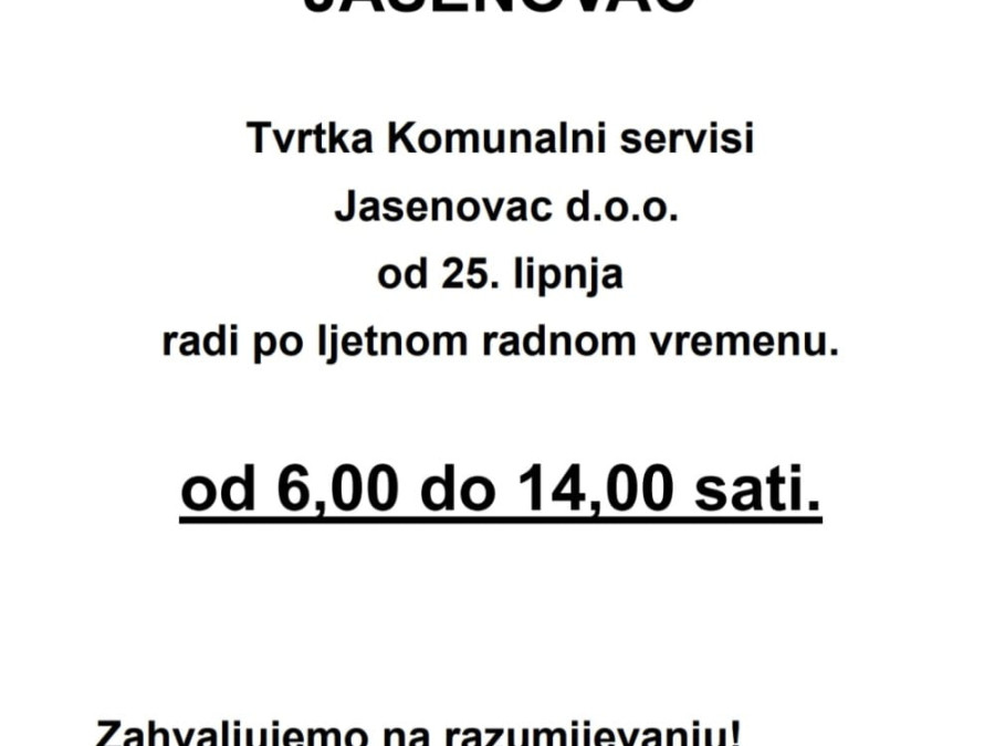 Komunalni servisi Jasenovac od 25. lipnja prelaze na ljetno radno vrijeme
